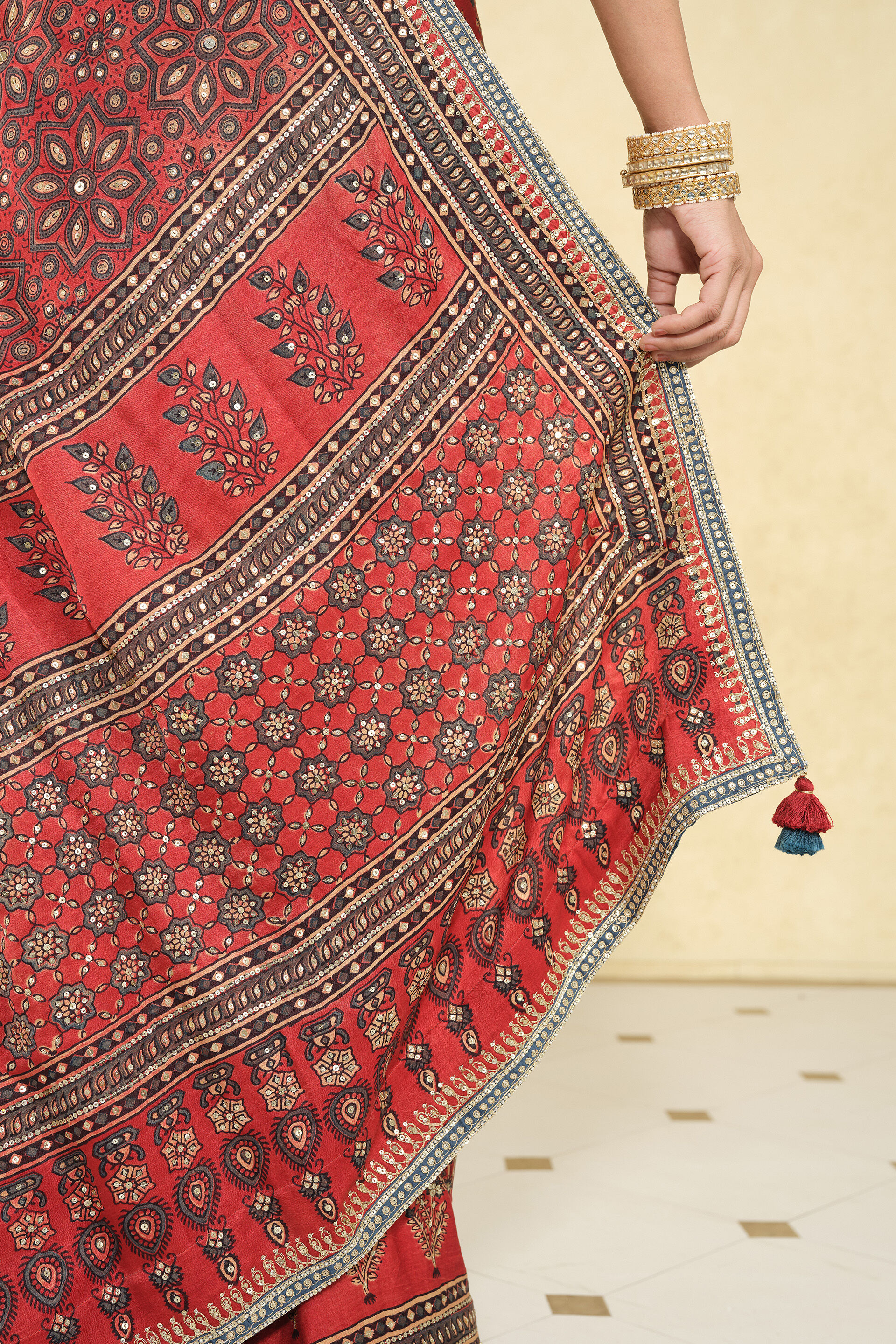 Saaj Ajrakh Hand-block Printed Silk Saree - Red, Red, image 8